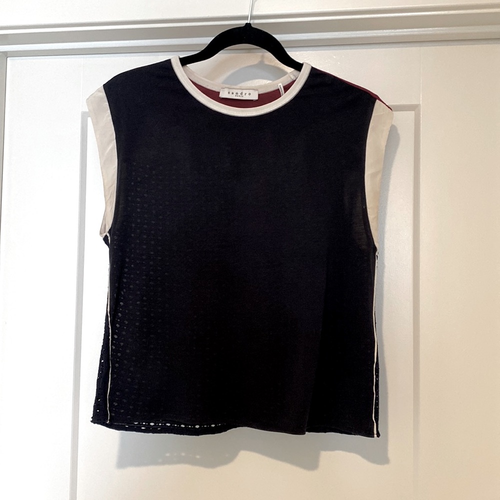 Sandro red cream and blue top